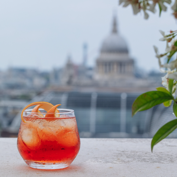 A beautiful cocktail sitting on the terrace of Wagtail Rooftop Bar and Restaurant in London